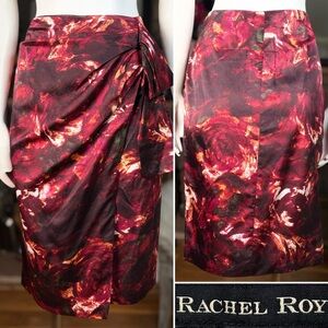 Rachel Roy Red Silk Cotton Blend Rose Print Knee Length Faux Wrap Skirt, Sz 8